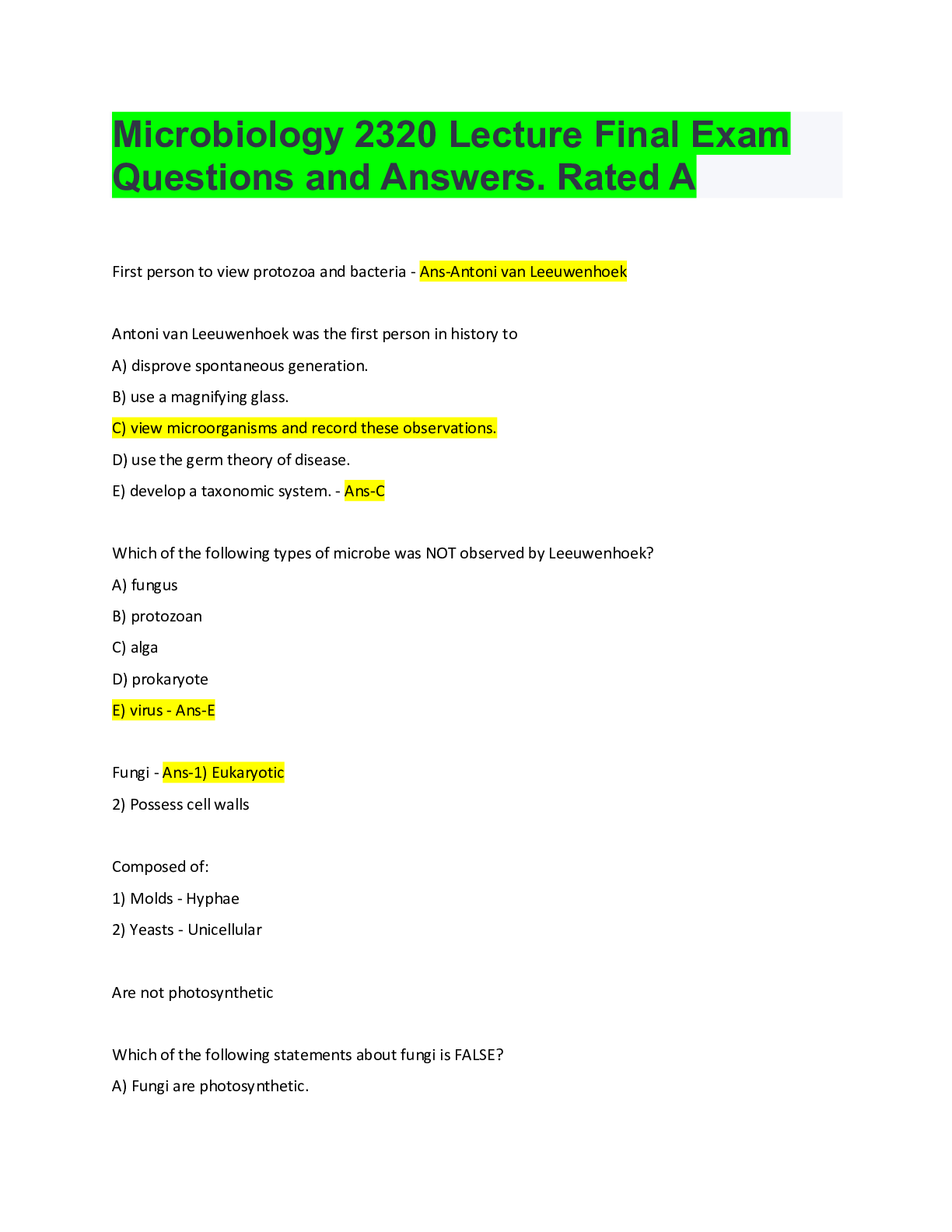 Microbiology 2320 Lecture Final Exam Questions and Answers. Rated A Browsegrades